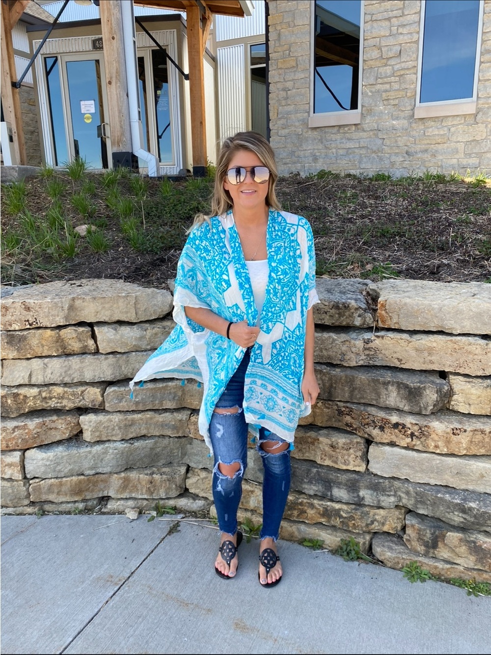 Angie Turquoise & White Printed Open Kimono